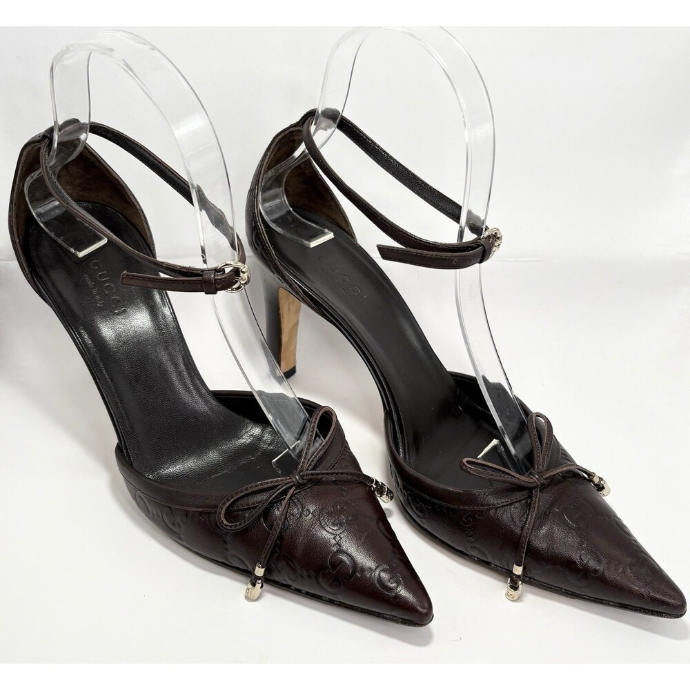 Gucci Brown Leather Guccissima GG Monogram Heels w/ Bow Accent Y2K Sz EU 36C 6 - Picture 3 of 14